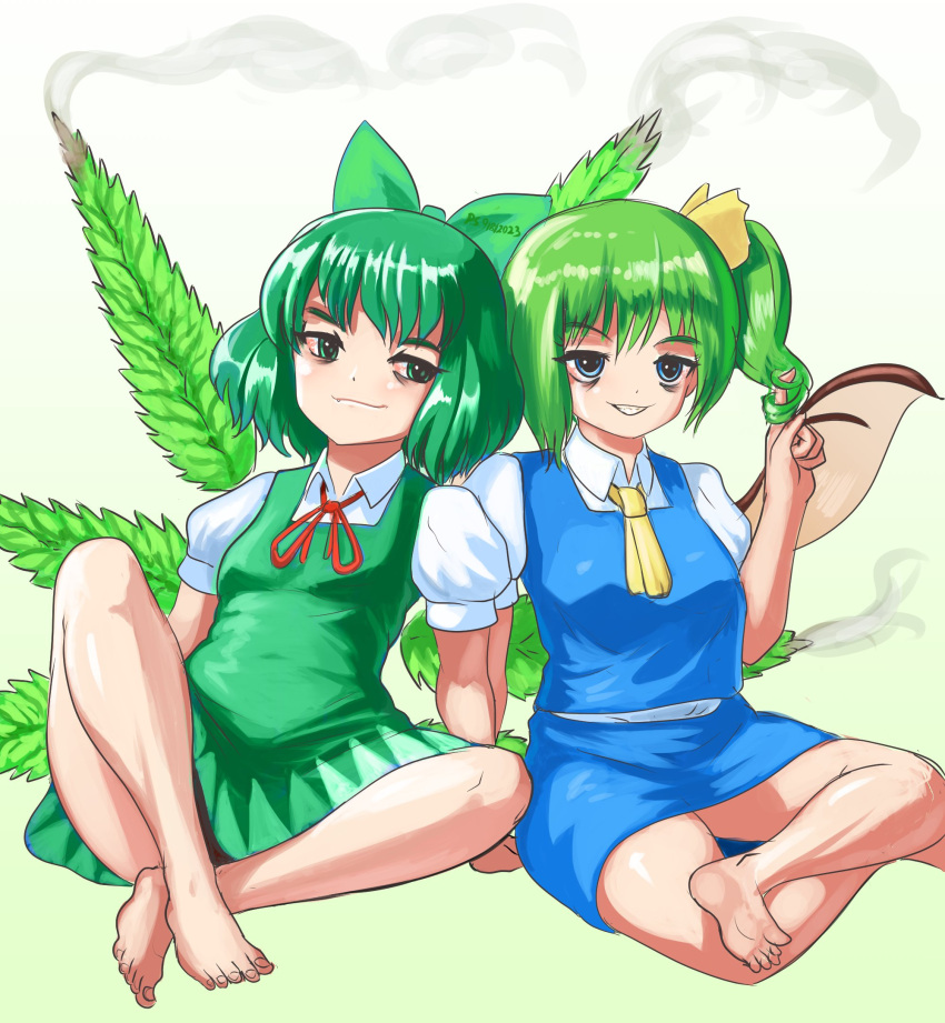 2girls alternate_element ascot barefoot blue_skirt blue_vest bow cirno closed_mouth commentary daiyousei dress english_commentary fairy_wings full_body gradient_background green_bow green_dress green_hair hair_bow hand_in_own_hair hapa_cirno highres indian_style leaf_wings looking_at_viewer marijuana multiple_girls open_mouth profitshame shirt short_hair short_sleeves side_ponytail sitting skirt smile smoke touhou variant_set vest white_shirt wings yellow_ascot