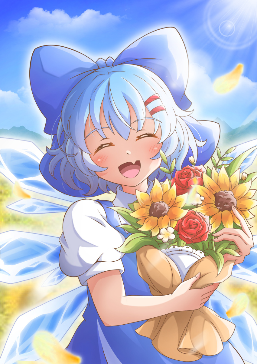 1girl absurdres blue_bow blue_hair blue_sky bouquet bow cirno cirno_day closed_eyes commentary_request detached_wings facing_viewer fang flower hair_bow highres holding holding_bouquet ice ice_wings korean_commentary light_particles open_mouth outdoors puffy_short_sleeves puffy_sleeves qudtjr4682 short_hair short_sleeves skin_fang sky solo sunflower touhou upper_body wings