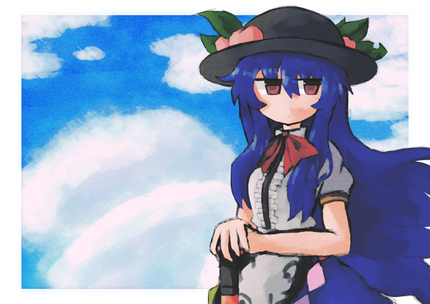 1girl absurdres apron black_headwear blue_hair blue_skirt blue_sky border bow bowtie center_frills closed_mouth clouds cloudy_sky collared_shirt commentary cowboy_shot english_commentary expressionless frills hands_on_hilt hat highres hinanawi_tenshi iesonatana leaf_hat_ornament long_hair looking_to_the_side outside_border peach_hat_ornament puffy_short_sleeves puffy_sleeves red_bow red_bowtie red_eyes shirt short_sleeves sideways_glance skirt sky solo standing touhou waist_apron white_apron white_border white_shirt