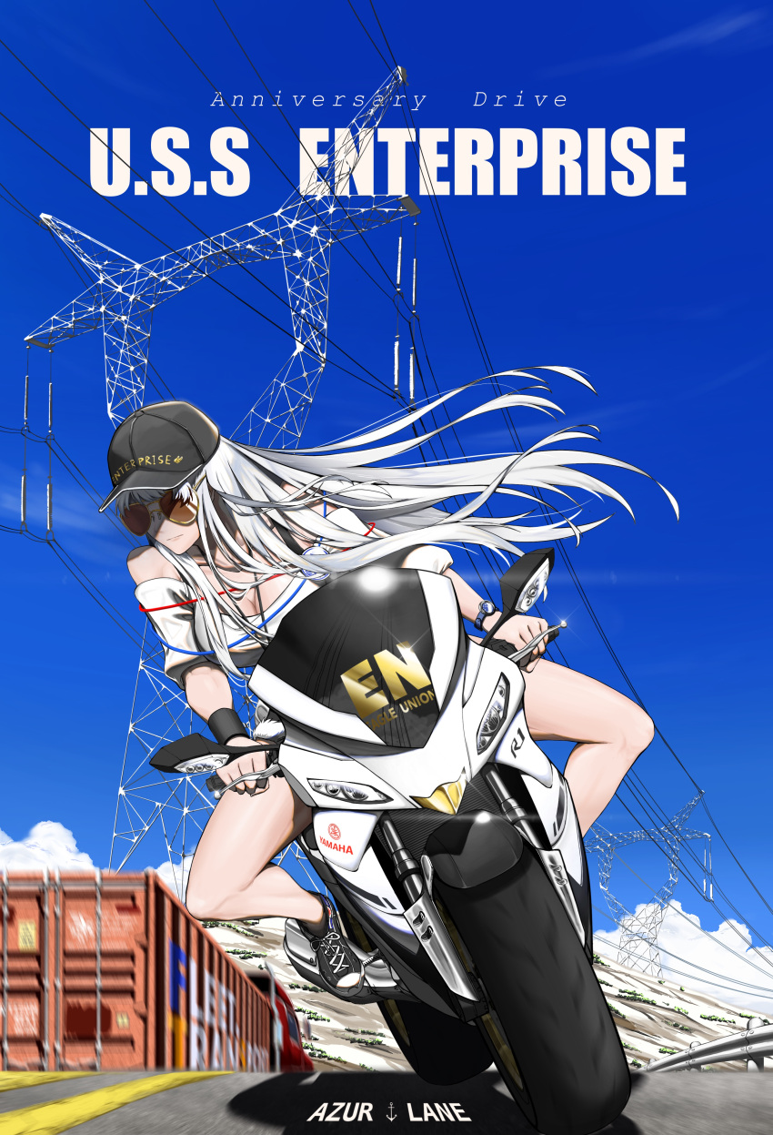 1girl absurdres azur_lane baseball_cap clouds driving english_text enterprise_(anniversary_ride)_(azur_lane) enterprise_(azur_lane) guard_rail hat highres jewelry kangkehuohuohuo leaning_to_the_side long_hair motor_vehicle motorcycle necklace off-shoulder_shirt off_shoulder official_alternate_costume on_motorcycle power_lines scenery semi_truck shipping_container shirt sky solo sunglasses transmission_tower truck white_hair