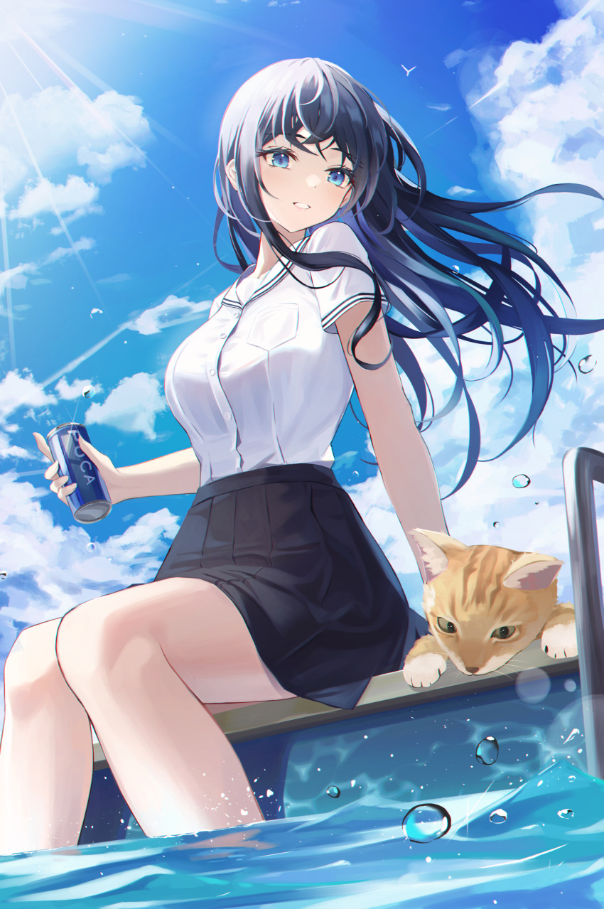 1girl absurdres arm_support black_hair black_skirt blue_eyes blue_sky can cat clouds commentary_request crossed_bangs day floating_hair grin highres holding holding_can hyonee knees_together_feet_apart legs long_hair original outdoors sailor_collar school_uniform serafuku shirt shirt_tucked_in short_sleeves sitting skirt sky smile soaking_feet soda_can thighs water_drop white_sailor_collar white_serafuku white_shirt