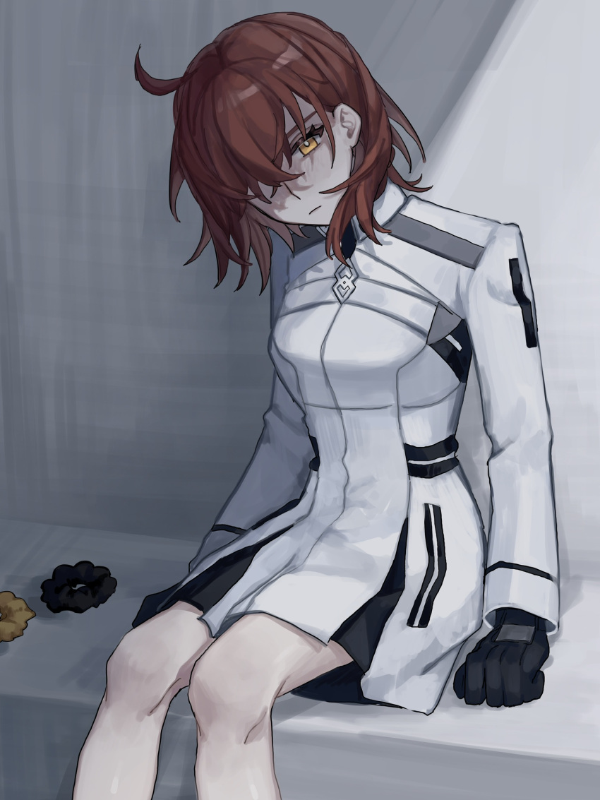 1girl ahoge black_gloves breasts clenched_hands closed_mouth collared_dress commentary_request crossed_bangs dress fate/grand_order fate_(series) feet_out_of_frame fon_(0u0_fon) fujimaru_ritsuka_(female) fujimaru_ritsuka_(female)_(decisive_battle_chaldea_uniform) gloves hair_down hair_ornament hair_over_one_eye hair_scrunchie head_tilt highres jewelry light_frown long_sleeves looking_at_viewer medium_breasts medium_hair messy_hair orange_hair pendant scrunchie scrunchie_removed short_dress sidelighting sitting solo white_dress yellow_eyes