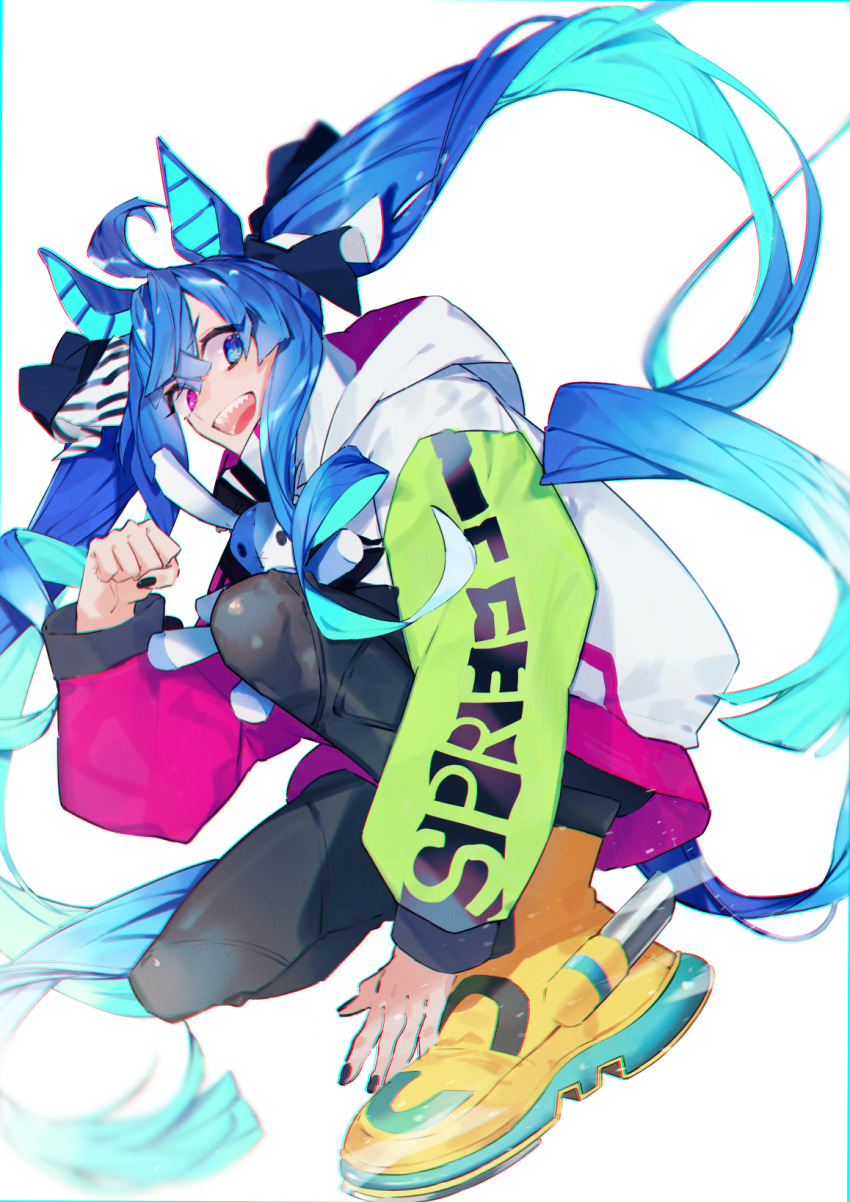 1girl @_@ ahoge animal_ears black_bodysuit black_nails blue_eyes blue_hair bodysuit boots chromatic_aberration clenched_hand highres hood hood_down hoodie horse_ears horse_girl horse_tail long_hair long_sleeves looking_at_viewer on_one_knee open_mouth sava_(sava_023) sharp_teeth smile solo stuffed_animal stuffed_rabbit stuffed_toy tail teeth twin_turbo_(umamusume) twintails umamusume violet_eyes yellow_footwear