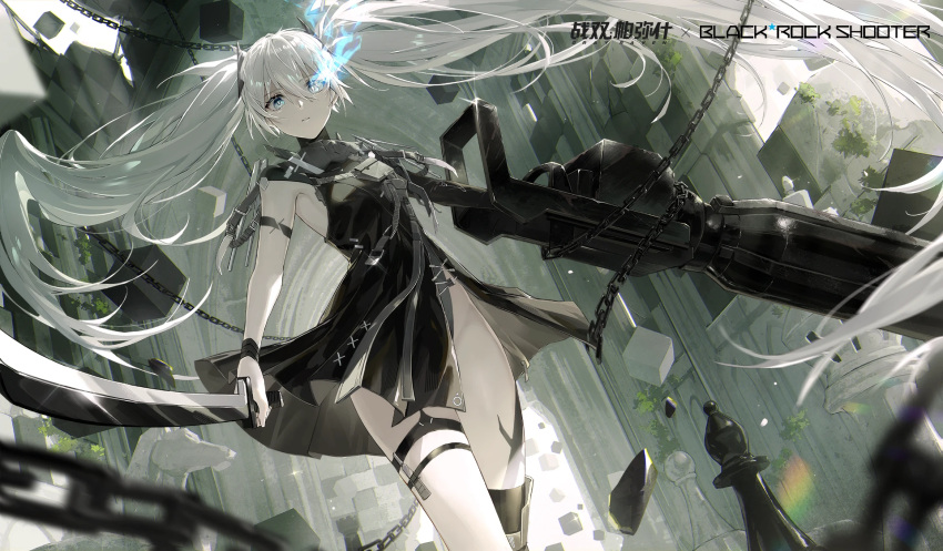 1girl alternate_costume artist_request belt black_rock_shooter black_rock_shooter_(character) black_thighhighs blue_eyes blue_fire board_game chain chess chess_piece collaboration cube dress fire flaming_eye frown gun highres holding holding_sword holding_weapon looking_at_viewer mechanical_arms mechanical_parts official_alternate_costume official_art open_clothes open_dress punishing:_gray_raven single_mechanical_arm sword thigh-highs twintails weapon white_hair