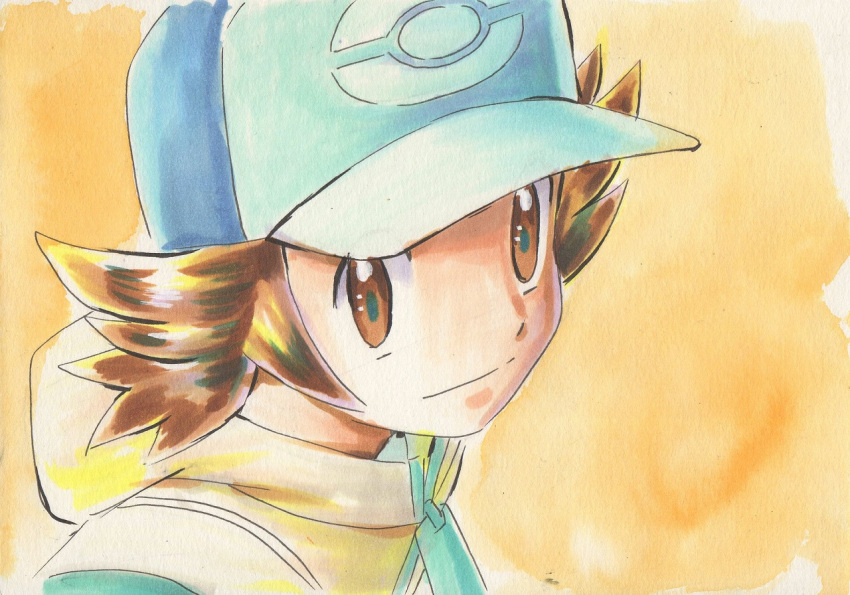 1boy alternate_color baseball_cap brown_eyes brown_hair commentary_request hat hilbert_(pokemon) iwane_masaaki jacket looking_at_viewer male_focus pokemon pokemon_(game) pokemon_masters_ex solo split_mouth upper_body yellow_background zipper_pull_tab