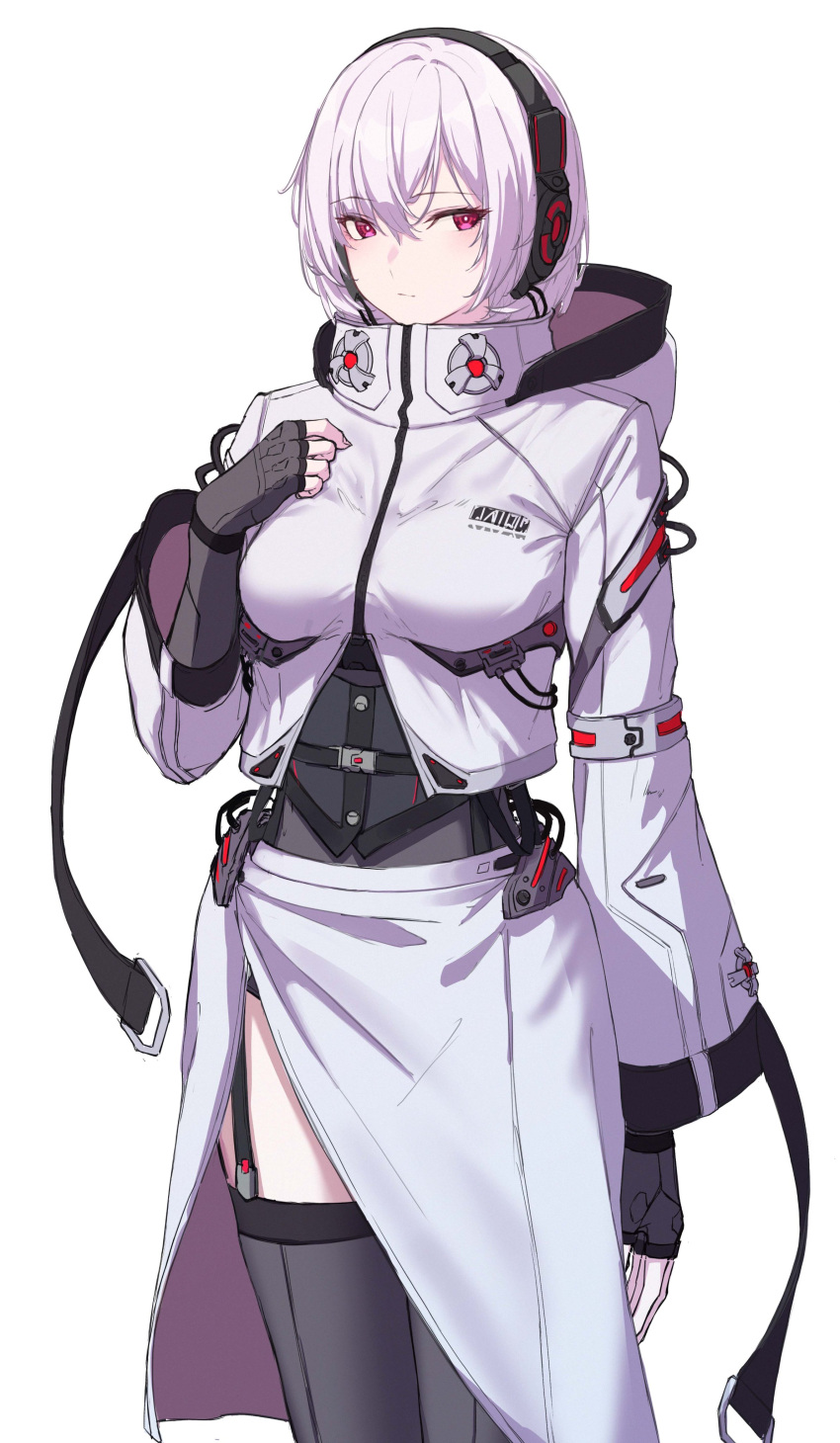 1girl 3_small_spiders absurdres armored_core armored_core_6 ayre_(armored_core_6) black_thighhighs closed_mouth commentary_request cowboy_shot fingerless_gloves garter_straps gloves headphones highres hood hooded_jacket jacket long_sleeves looking_at_viewer personification red_eyes simple_background skirt solo thigh-highs white_background white_hair white_jacket white_skirt wide_sleeves