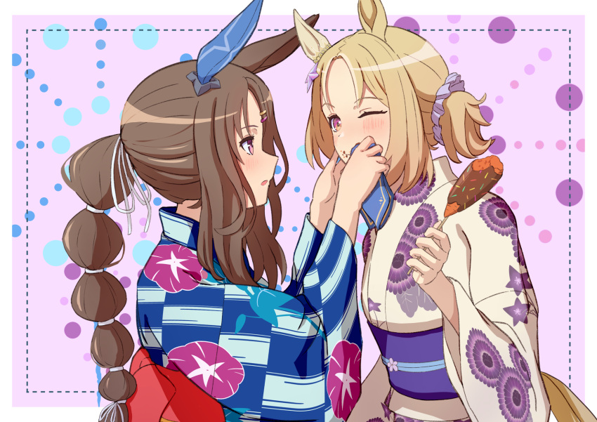 2girls admire_vega_(umamusume) agepan._(pangcha3324) animal_ears blonde_hair blue_kimono blush brown_hair ear_covers floral_print food from_side hair_ornament hair_scrunchie highres holding holding_food horse_ears horse_girl japanese_clothes kimono morning_glory_print multiple_girls narita_top_road_(umamusume) obi one_eye_closed purple_robe purple_scrunchie red_robe robe sash scrunchie short_hair sidelocks single_ear_cover umamusume umamusume:_road_to_the_top upper_body violet_eyes wide_sleeves wiping_face
