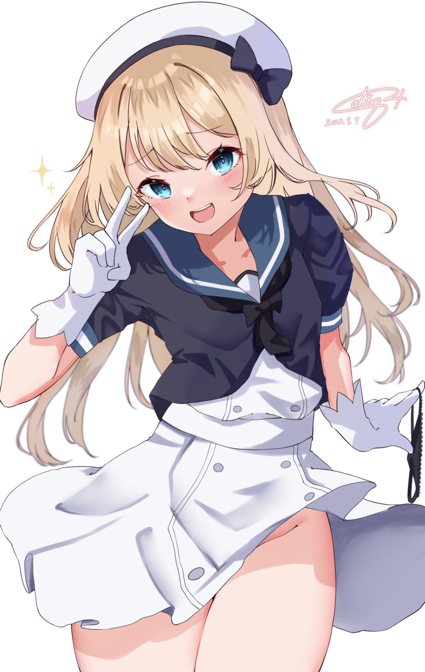 1girl beret black_neckerchief blonde_hair blue_eyes blue_sailor_collar blush calin dated dress gloves hat highres jervis_(kancolle) kantai_collection long_hair looking_at_viewer neckerchief open_mouth sailor_collar sailor_dress sailor_hat school_uniform short_sleeves signature simple_background smile solo sparkle v white_background white_dress white_gloves white_headwear