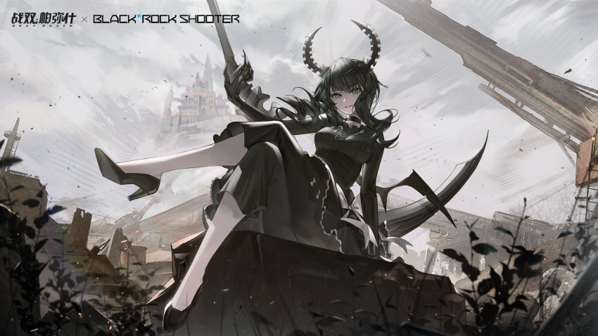 1girl artist_request bat_wings black_dress black_hair black_rock_shooter castle claws collaboration crossed_legs dead_master dress green_eyes hair_ornament hairclip high_heels highres horns jewelry looking_at_viewer mechanical_arms neck_ribbon official_art plant punishing:_gray_raven ribbon scythe sitting smile wings