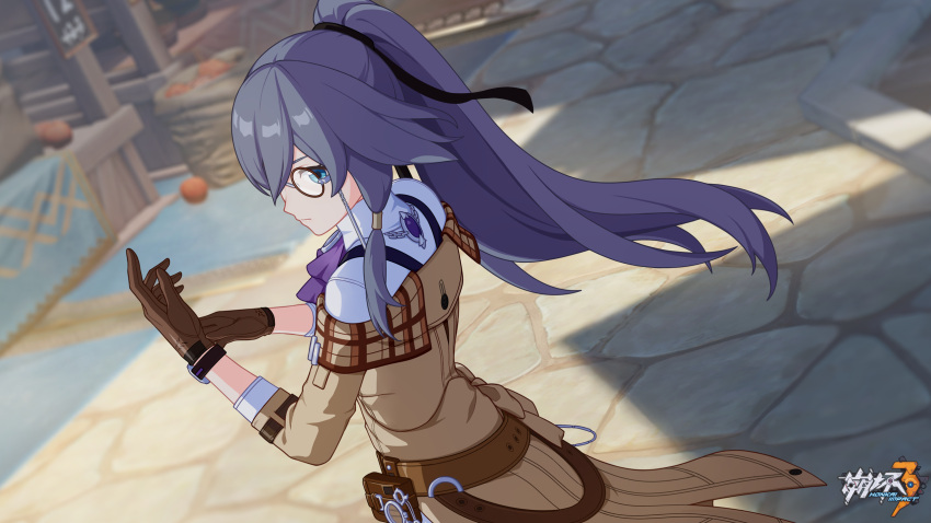 1girl ascot black_hairband blue_eyes brown_gloves brown_sleeves chinese_commentary closed_mouth day fu_hua fu_hua_(valkyrie_accipiter) gloves grey_hair hairband high_ponytail highres honkai_(series) honkai_impact_3rd logo mat monocle official_alternate_costume official_art official_wallpaper outdoors ponytail purple_ascot shirt solo standing upper_body white_shirt
