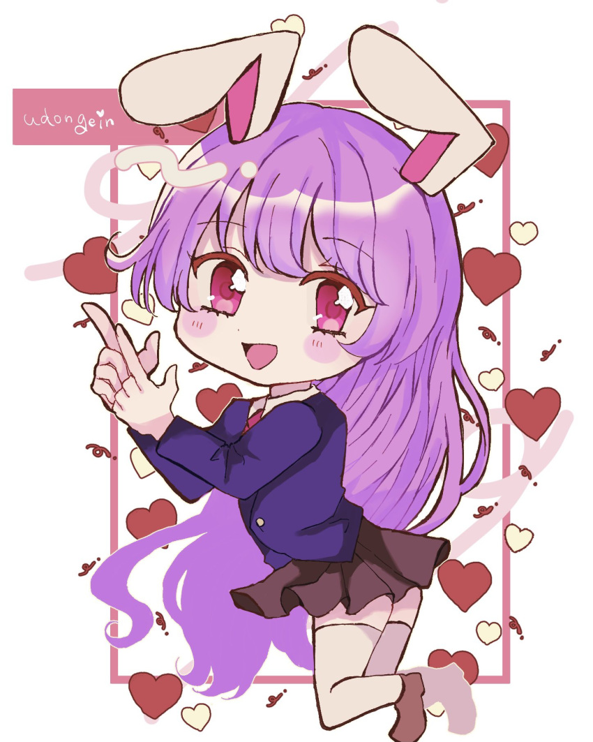 151moneco 1girl animal_ears black_skirt blazer blush brown_footwear collared_shirt commentary full_body heart highres jacket long_hair long_sleeves looking_at_viewer necktie open_mouth pleated_skirt purple_hair purple_jacket rabbit_ears red_eyes red_necktie reisen_udongein_inaba shirt shoes skirt smile solo symbol-only_commentary thigh-highs touhou white_shirt white_thighhighs