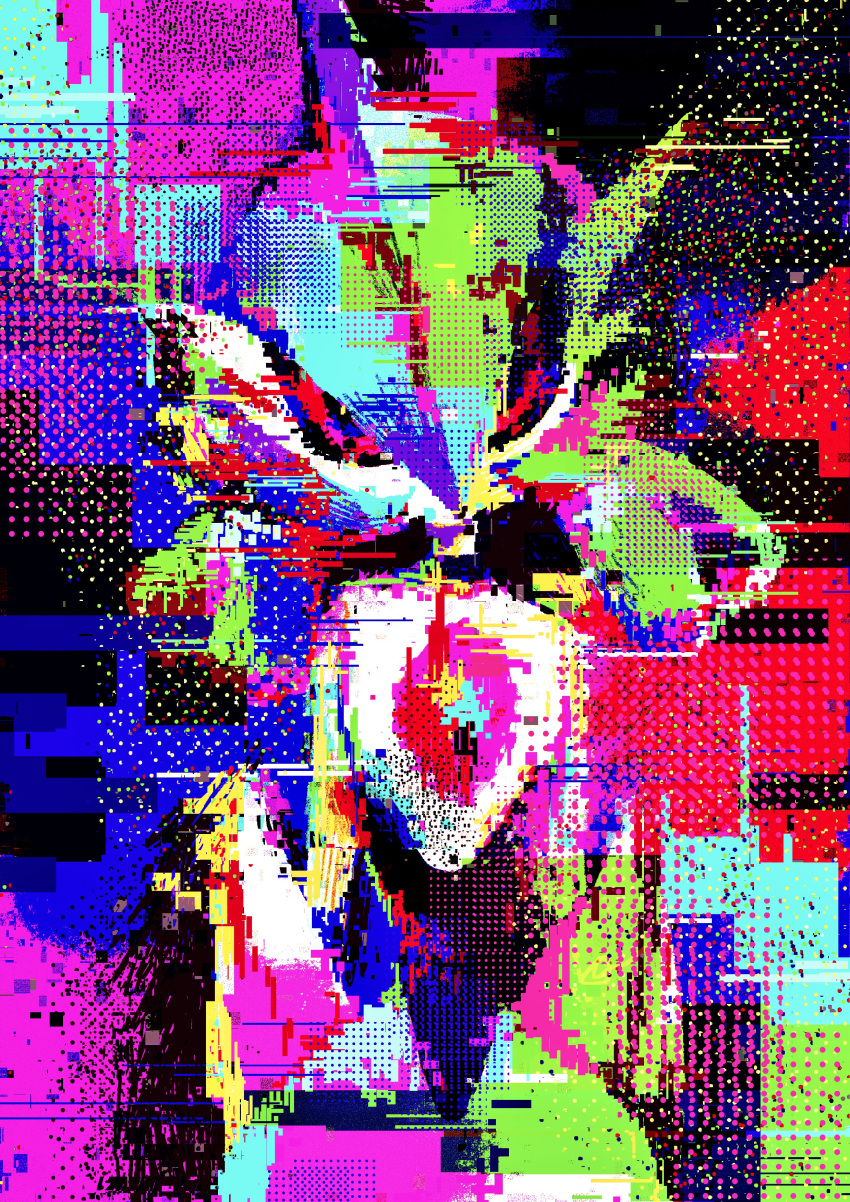 1other abstract absurdres black_sclera colored_sclera colored_skin colorful commentary glitch green_hair hair_between_eyes head_tilt highres humanoid_robot iron_valiant looking_at_viewer medium_hair mohawk multicolored_background other_focus otonoha_aika pokemon pokemon_(creature) red_eyes robot solo standing straight-on twintails upper_body white_skin