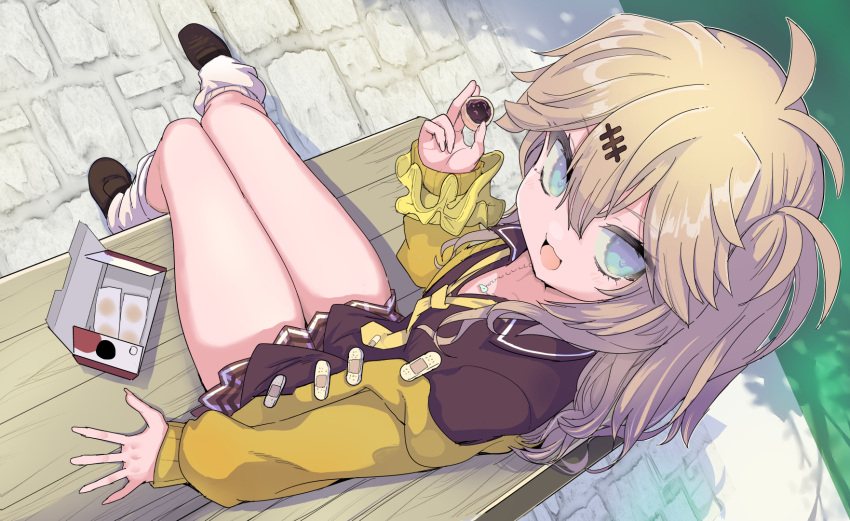 1girl bench blonde_hair blue_eyes brown_footwear brown_shirt brown_skirt cardigan collared_shirt fingernails food from_above hair_between_eyes highres holding holding_food jewelry kasukabe_tsumugi long_hair long_sleeves necklace necktie one_side_up open_cardigan open_clothes open_mouth pleated_skirt puuakachan shirt shoes sitting skirt smile solo voicevox yellow_cardigan yellow_necktie