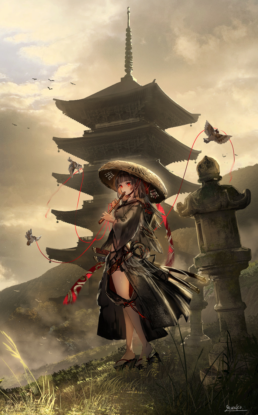 1girl absurdres bird black_cloak brown_hair cloak clouds cloudy_sky commentary_request contrapposto flute gawako grass highres hime_cut instrument katana long_hair mountain multiple_weapons music okobo original outdoors pagoda playing_instrument red_eyes sandogasa scabbard sheath sheathed signature sky solo stone_lantern string string_of_fate sword weapon wide_shot
