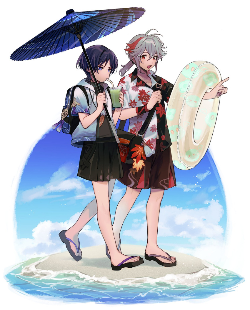 alternate_costume backpack bag bag_charm charm_(object) clouds cup day drinking_straw drinking_straw_in_mouth genshin_impact grey_hair highres holding holding_cup holding_umbrella jacket jewelry kaedehara_kazuha leaf_print necklace oil-paper_umbrella open_clothes open_jacket open_mouth oshi_taberu outdoors pointing ponytail red_eyes redhead sand sandals scaramouche_(genshin_impact) shirt shorts sky slime_(genshin_impact) tassel umbrella violet_eyes walking wanderer_(genshin_impact) water