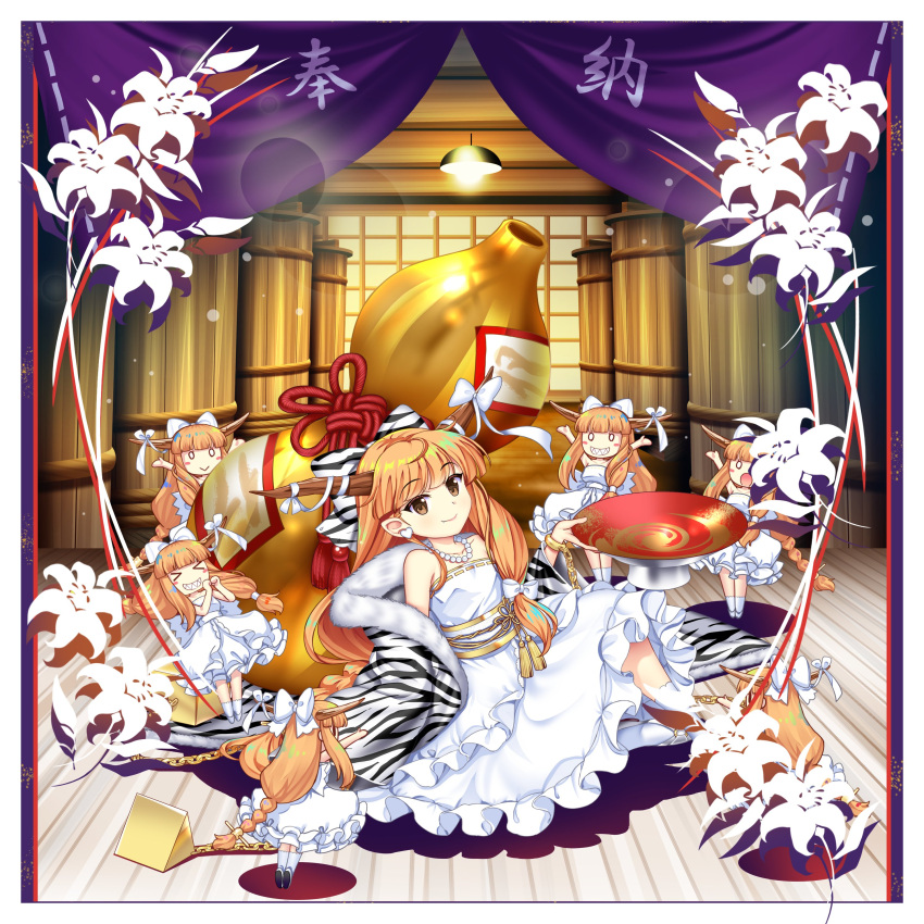 6+girls absurdres alternate_costume brown_eyes clone closed_mouth coat commentary cup dress earrings english_commentary flower full_body fur-trimmed_coat fur_trim game_cg heart heart_earrings highres holding holding_cup horn_ornament horn_ribbon horns ibuki_suika ibuki_suika_(reckless_white_ogre) indoors jewelry long_hair multiple_girls necklace orange_hair pyramid_(structure) ribbon rotte_(1109) sakazuki second-party_source sitting smile touhou touhou_lost_word white_dress white_flower white_tiger_print