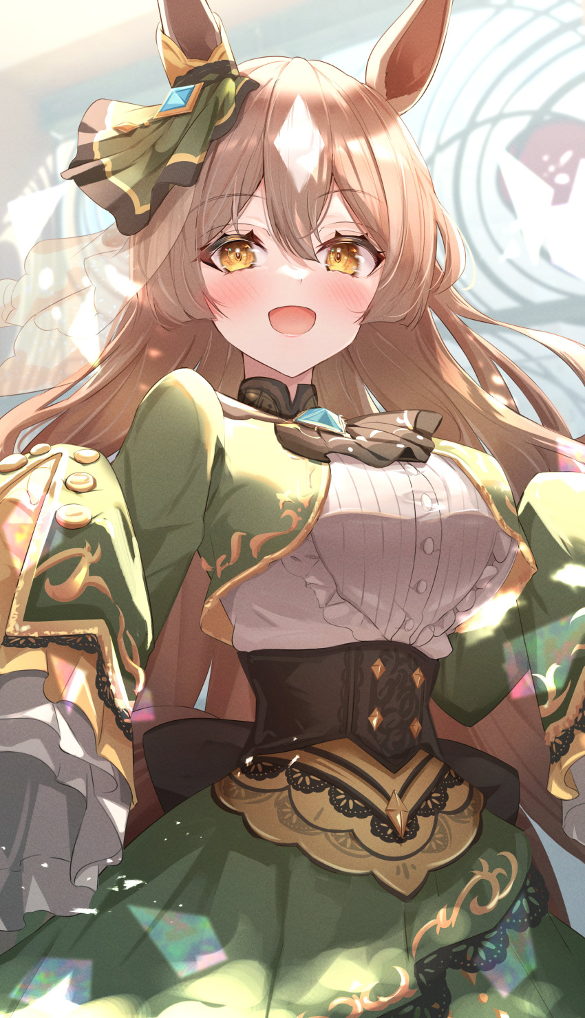 1girl absurdres animal_ears ascot black_ascot blush breasts brown_hair buttons dress frilled_sleeves frills green_dress hair_between_eyes highres horse_ears horse_girl large_breasts long_hair open_mouth satono_diamond_(umamusume) sky_cappuccino sleeves_past_fingers sleeves_past_wrists smile solo umamusume wide_sleeves yellow_eyes