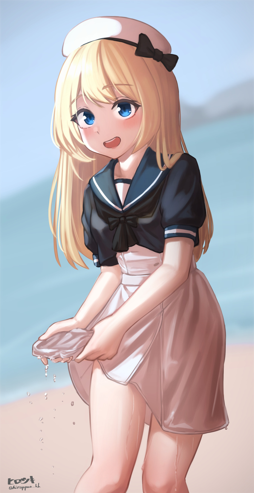 1girl absurdres blonde_hair blue_eyes blue_sailor_collar blush dress feet_out_of_frame hat highres hirotsuki jervis_(kancolle) kantai_collection long_hair looking_at_viewer one-hour_drawing_challenge open_mouth revision sailor_collar sailor_dress sailor_hat short_sleeves smile solo wet white_dress white_headwear