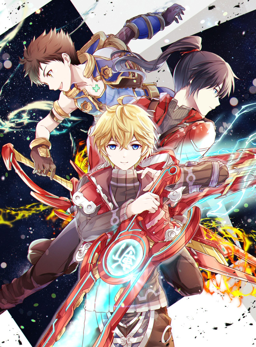3boys ahoge black_hair black_pants black_shirt blonde_hair blue_eyes blue_jacket blue_shirt brown_hair closed_mouth commentary_request detached_sleeves gloves hair_between_eyes hair_tie highres holding holding_sword holding_weapon hood hood_down hooded_jacket jacket long_hair long_sleeves looking_at_viewer male_focus monado multiple_boys noah_(xenoblade) open_mouth pants ponytail profile red_jacket rex_(xenoblade) ribbed_shirt shirt short_hair shulk_(xenoblade) single_detached_sleeve smile sword trait_connection ui_frara weapon xenoblade_chronicles_(series) xenoblade_chronicles_1 xenoblade_chronicles_2 xenoblade_chronicles_3 yellow_eyes