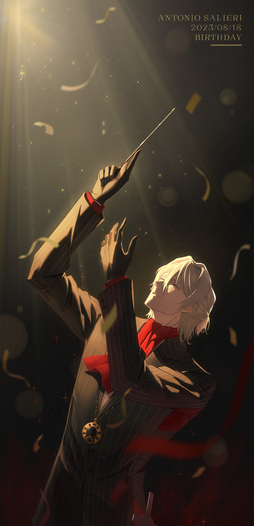 1boy absurdres antonio_salieri_(fate) antonio_salieri_(first_ascension)_(fate) ascot closed_eyes fate/grand_order fate_(series) feet_out_of_frame formal grey_hair happy_birthday highres holding male_focus medal nagi71 opera pants pinstripe_pattern solo sparkle spotlight striped suit
