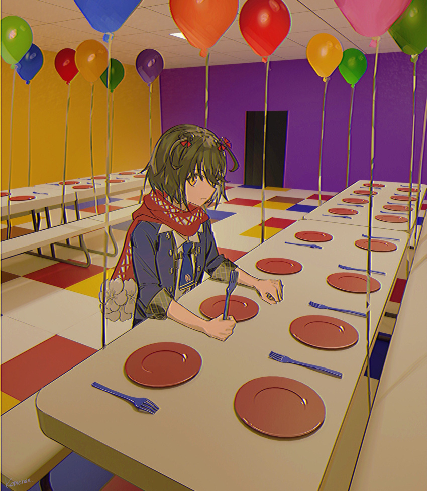 1boy absurdres bench blue_coat blue_necktie brown_hair closed_mouth coat expressionless fork highres holding holding_fork indoors kome_non liminal_space long_sleeves male_focus mashiro_(nijisanji) necktie nijisanji on_bench otoko_no_ko plate red_scarf scarf short_hair sitting_on_bench solo table upper_body virtual_youtuber yellow_eyes