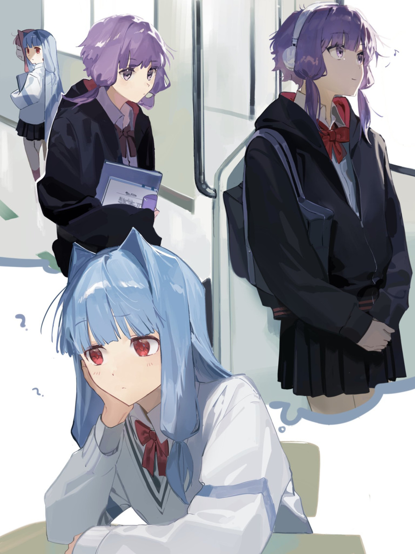 3girls ? alternate_costume bag black_hoodie black_skirt bloom blue_hair blunt_bangs blush book bow bowtie collared_shirt commentary_request commission confused desk grey_sweater hair_intakes hallway hand_on_own_cheek hand_on_own_face head_rest headphones highres holding holding_book holding_notebook hood hood_down hoodie imagining kakine kotonoha_akane kotonoha_aoi light_frown long_hair long_sleeves looking_at_another looking_back low_tied_sidelocks multiple_girls multiple_views musical_note notebook on_chair pink_hair pleated_skirt purple_hair raised_eyebrow red_bow red_bowtie red_eyes school_bag school_desk school_uniform shirt short_hair_with_long_locks shoulder_bag sidelocks sitting skeb_commission skirt spoken_musical_note sweater thought_bubble train_interior violet_eyes vocaloid voiceroid white_shirt yuri yuzuki_yukari