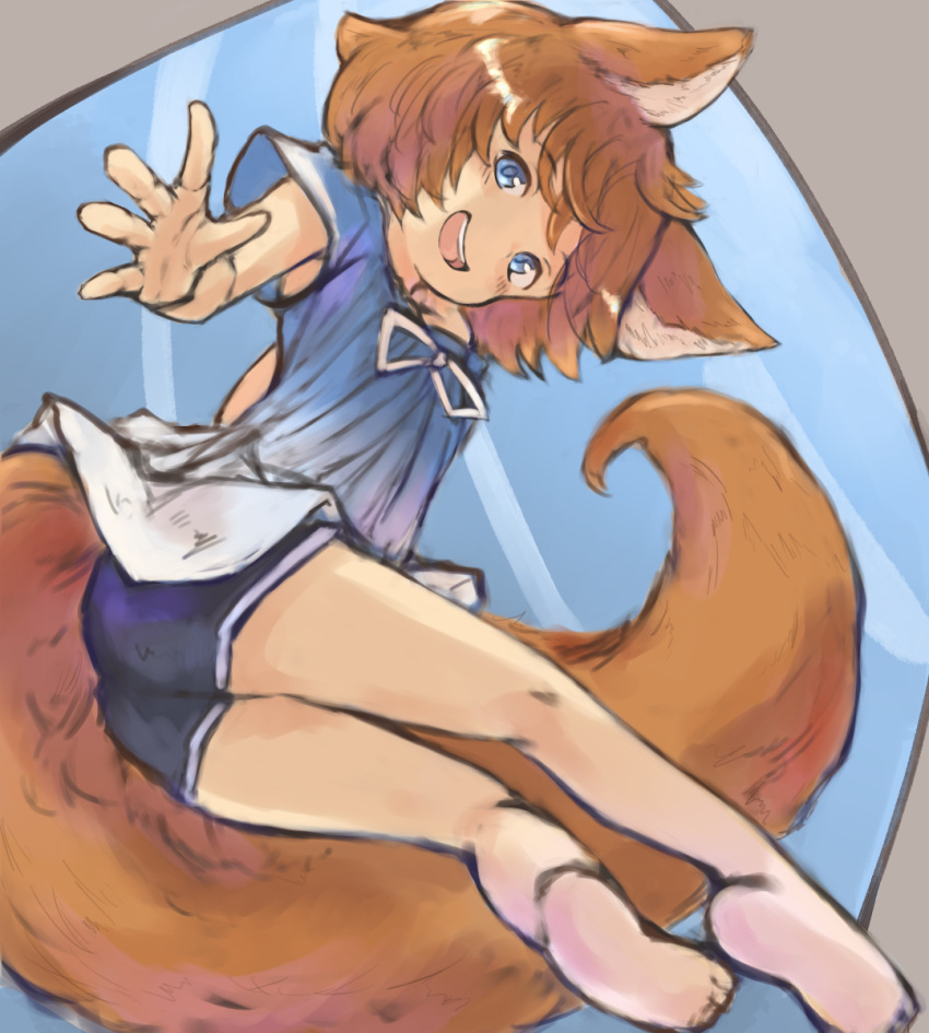 1girl animal_ear_fluff animal_ears ass barefoot blue_eyes blue_shirt blue_shorts brown_hair feet fox_ears fox_girl fox_tail from_below highres kneepits legs long_tail looking_at_viewer looking_down mote_max open_mouth original outstretched_hand shirt short_hair short_shorts short_sleeves shorts smile soles solo tail thighs toes