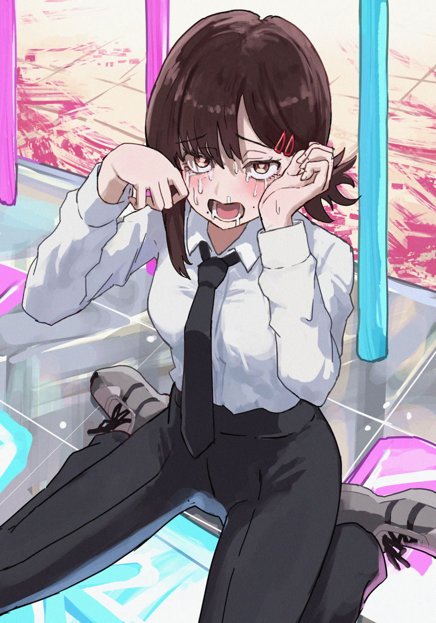 1girl black_necktie black_pants brown_eyes brown_hair chainsaw_man collared_shirt commentary_request crying formal hair_ornament hairclip higashiyama_kobeni highres looking_at_viewer mole mole_under_mouth necktie office_lady pants ryoha_kosako seiza shirt short_ponytail single_sidelock sitting snot solo white_shirt