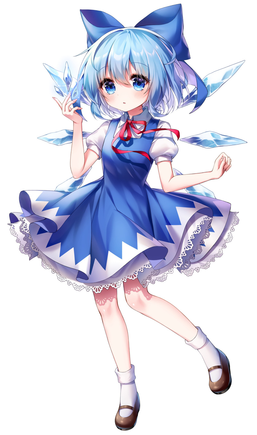 1girl absurdres blue_bow blue_dress blue_eyes blue_hair blush bow brown_footwear cirno collared_shirt detached_wings dress fairy fingernails full_body hair_between_eyes hair_bow highres ice ice_wings parted_lips pinafore_dress pudding_(skymint_028) puffy_short_sleeves puffy_sleeves shirt shoes short_hair short_sleeves simple_background sleeveless sleeveless_dress socks solo touhou white_background white_shirt white_socks wings