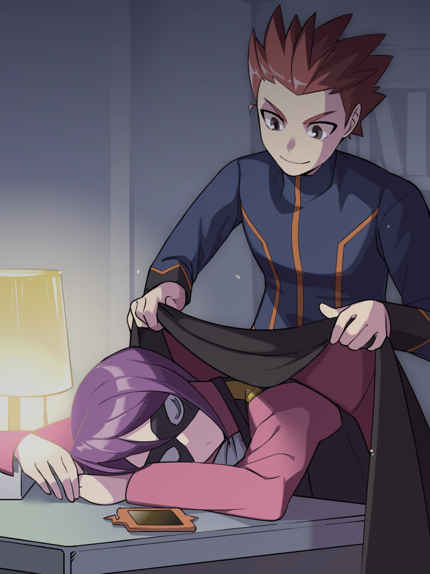2boys black_vest closed_mouth commentary_request domino_mask grey_eyes highres indoors jacket kiwi_of_ruin korean_commentary lamp lance_(pokemon) long_sleeves looking_down male_focus mask multiple_boys pink_shirt pokemon pokemon_(game) pokemon_hgss purple_hair redhead rotom rotom_phone shirt short_hair sleeping smile spiky_hair table vest will_(pokemon)