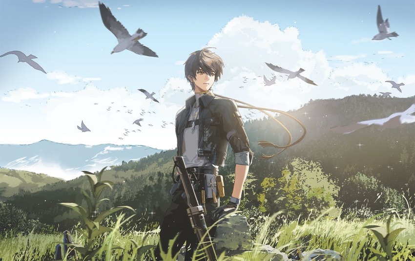 1boy bird black_gloves black_hair black_jacket black_pants clouds cropped_jacket gloves grass grey_shirt jacket jewelry landscape leaf male_rover_(wuthering_waves) mountainous_horizon necklace outdoors pants pouch scenery shirt short_hair sky standing sword tassel tree turtleneck weapon wisda wuthering_waves yellow_eyes
