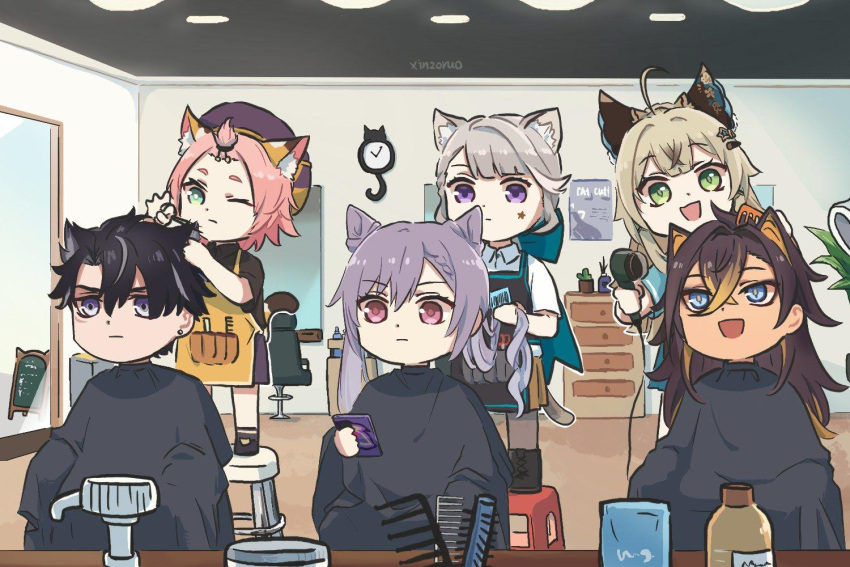 animal_ears cat_ears day dehya_(genshin_impact) diona_(genshin_impact) genshin_impact keqing_(genshin_impact) kirara_(genshin_impact) lynette_(genshin_impact) non-web_source phone wriothesley_(genshin_impact) xinzoruo