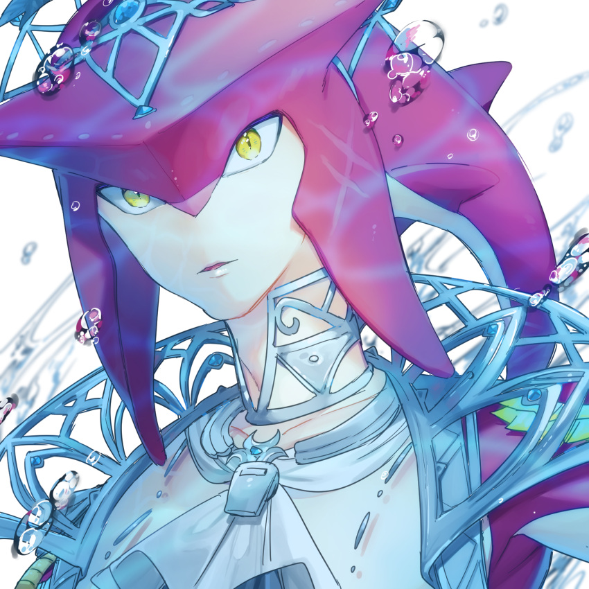 1boy ascot collarbone colored_skin fish_boy gem hair_ornament highres male_focus monster_boy multicolored_skin no_nose open_mouth portrait red_skin sidon solo the_legend_of_zelda the_legend_of_zelda:_breath_of_the_wild ttanuu. two-tone_skin white_ascot yellow_eyes