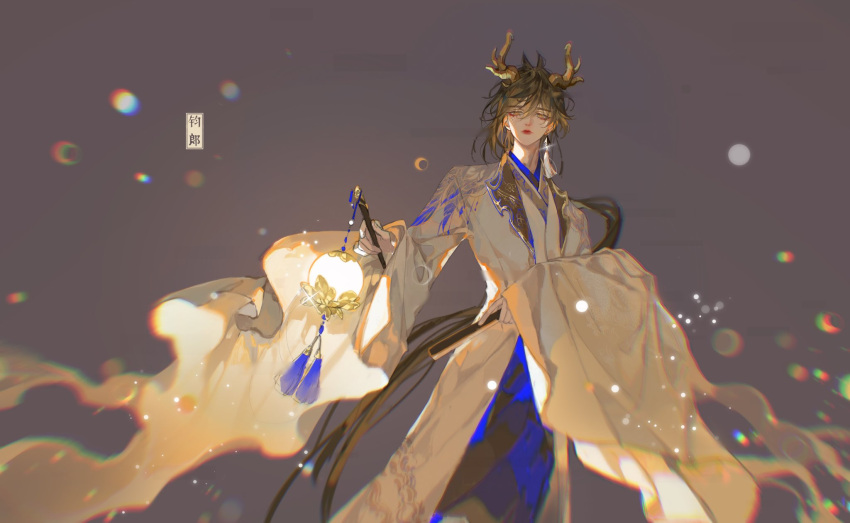 1boy chinese_clothes dragon_horns holding_fan holding_lantern junjunyongbuqi1 zhongli_(genshin_impact)