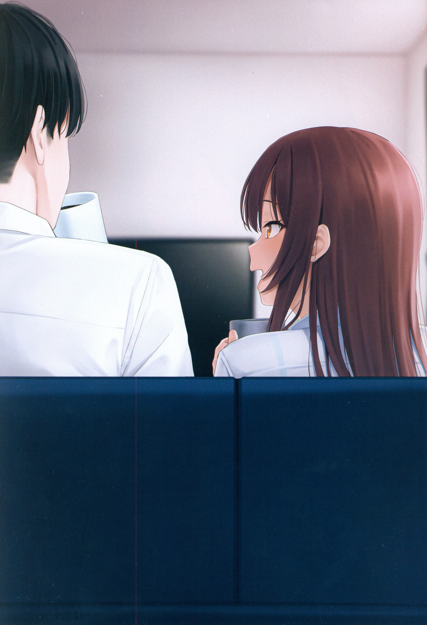 1boy 1girl absurdres blush coffee_mug couch couple cup from_behind highres holding holding_cup idolmaster idolmaster_shiny_colors indoors long_hair looking_at_another mikazuchi_zeus mug non-web_source on_couch open_mouth osaki_amana producer_(idolmaster) redhead scan school_uniform shirt sitting smile straight_hair swept_bangs white_shirt yellow_eyes