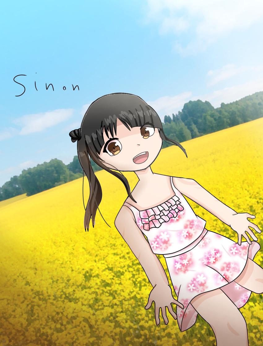 1girl alternate anime_teeth asian bangs black_hair black_pupils black_text blue_sky brown_eyes brown_iris character_name child clouds cool_violet_976 cyan_sky different_art_style dress eyelashes eyes_visible_through_hair flat_chest flower flower_dress gradient gradient_background gradient_clothes gradient_dress gradient_sky long_hair no_blush no_eyebrows no_lips no_nails nose open_mouth original pink_dress playing ponytail real_character real_life reality red_dress short_head sky small_pupils solo teeth tongue tree white_cloud white_dress yellow_eyes yellow_flower