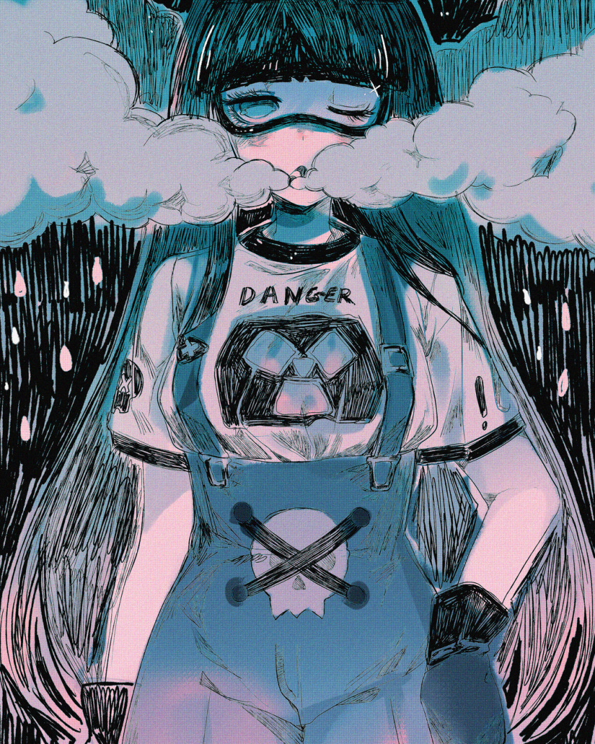 1girl blue_eyes blue_overalls blue_theme blunt_bangs cigarette clouds english_commentary eyelashes gloves goggles hand_in_pocket highres holding holding_cigarette hoshi-pan ink_(medium) inktober long_hair mouth_hold one_eye_closed original overalls partially_colored radioactive rain shirt short_sleeves smoke smoking straight-on straight_hair t-shirt traditional_media very_long_hair