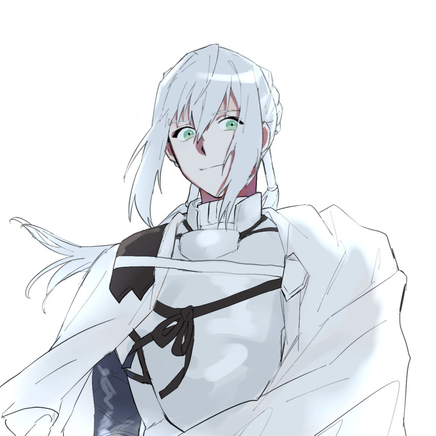 1boy armor bedivere_(fate) cape fate/grand_order fate_(series) green_eyes hair_between_eyes hair_tubes highres kiriti_aj korean_commentary long_hair looking_at_viewer low_twintails male_focus prosthesis prosthetic_arm sidelocks simple_background smile solo twintails upper_body white_armor white_background white_cape
