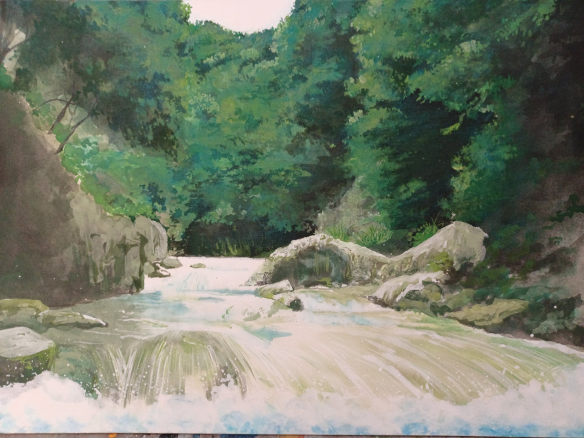bush forest grass highres nature no_humans original painting_(medium) plant river riverbank rock scenery tetsugbl14 traditional_media tree water