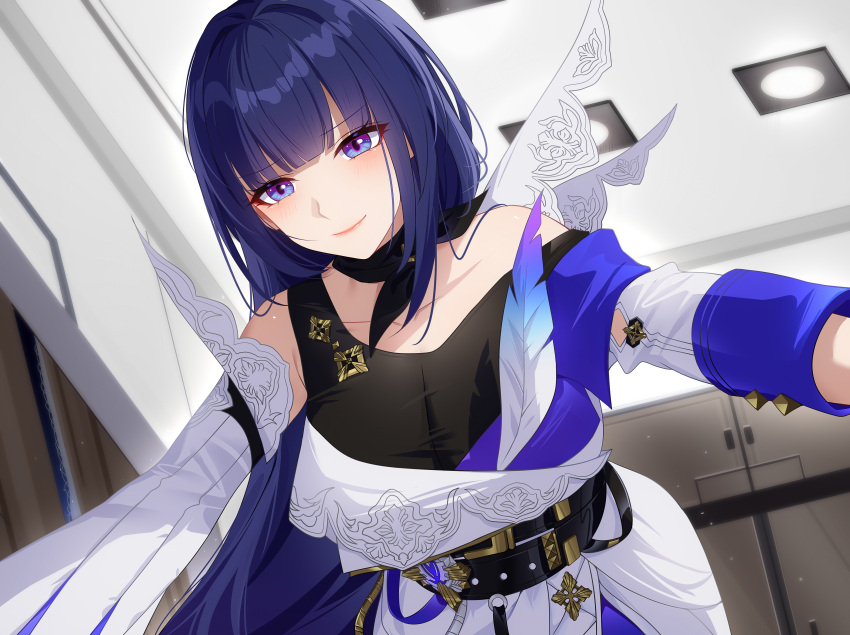 1girl absurdres arm_support assertive_female bare_shoulders belt black_belt black_neckerchief black_tank_top blunt_bangs blush breasts buttoned_cuffs ceiling ceiling_light closet collarbone curtains detached_sleeves from_below girl_on_top hanging_breasts highres hime_cut honkai_(series) honkai_impact_3rd interior jacket lace_trim large_breasts leaning_forward long_hair looking_at_viewer medal neckerchief night off_shoulder plume pov purple_hair raiden_mei shirt sidelocks single_detached_sleeve smile tank_top taut_clothes taut_shirt upper_body violet_eyes white_jacket window wu_ganlan_cai