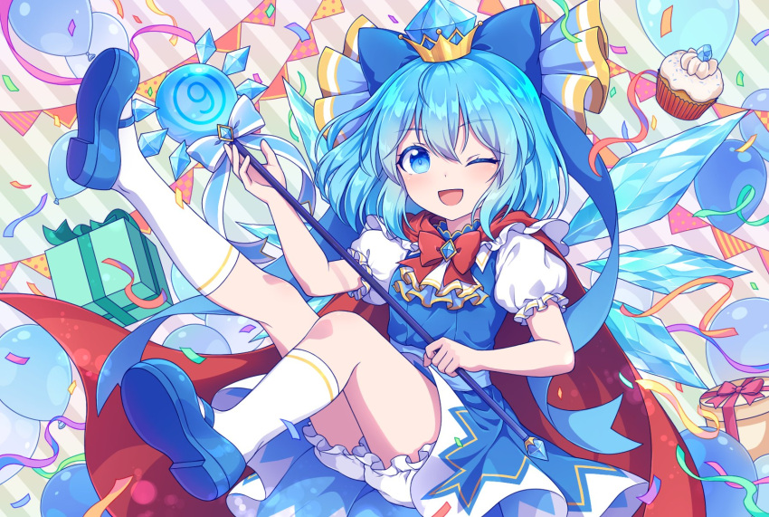 1girl balloon bloomers blue_bow blue_dress blue_eyes blue_footwear blue_hair bow box cirno cirno_day detached_wings dress fairy food frilled_sleeves frills full_body gift gift_box hair_between_eyes hair_bow highres ice ice_wings kaoling muffin one_eye_closed open_mouth shirt shoes short_hair short_sleeves smile socks solo touhou underwear white_bloomers white_shirt white_socks wings