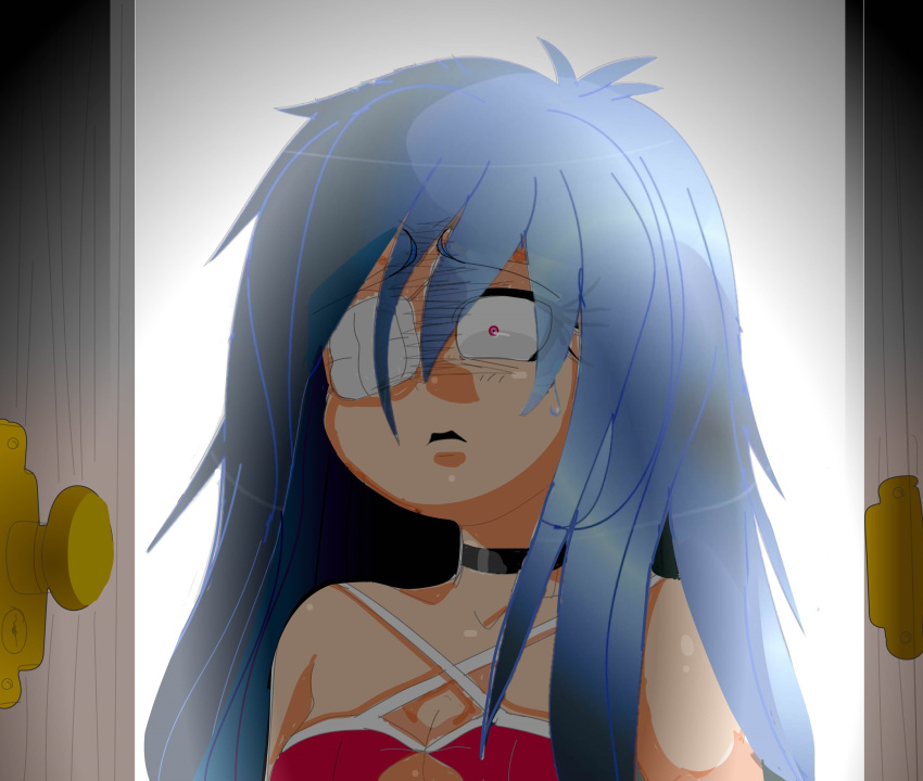 absurdres blue_hair breasts constricted_pupils eyepatch highres long_hair medical_eyepatch non-web_source original scared small_breasts