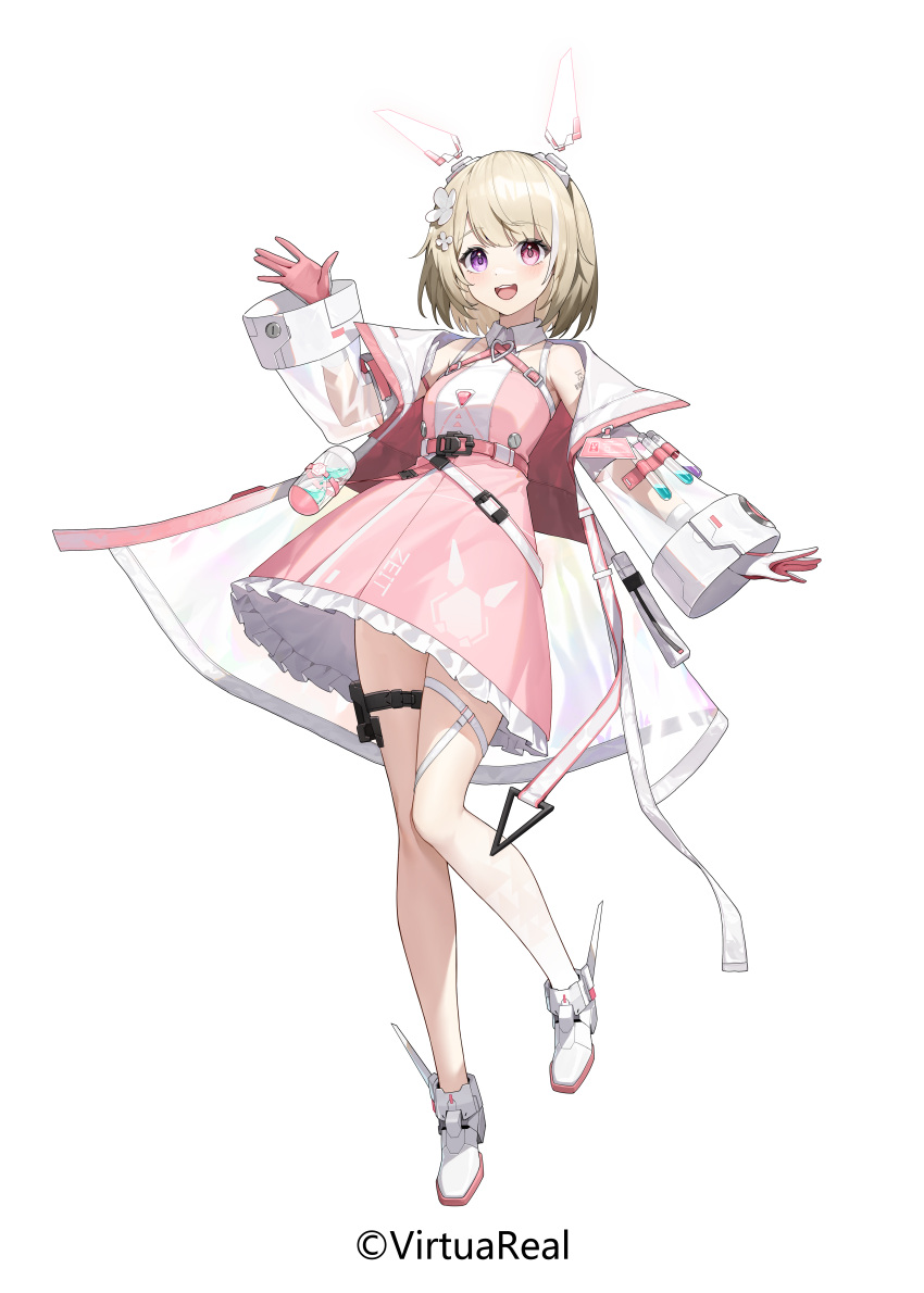 1girl :d absurdres barcode barcode_tattoo bare_legs bare_shoulders belt blonde_hair blush bob_cut breasts coat collared_dress copyright copyright_name dress flower frilled_dress frills full_body gloves hair_flower hair_ornament hand_up headgear heterochromia highres leg_up long_sleeves looking_at_viewer mechanical_shoes medium_breasts mizuki_(virtuareal) nijisanji off_shoulder official_art open_clothes open_coat pink_belt pink_dress pink_eyes pink_gloves potion see-through_coat short_dress short_hair shoulder_tattoo sleeveless sleeveless_dress smile solo standing standing_on_one_leg tachi-e tattoo teeth test_tube thigh_pouch thigh_strap two-tone_gloves upper_teeth_only violet_eyes virtual_youtuber virtuareal waving white_background white_coat white_flower white_footwear white_gloves wide_sleeves