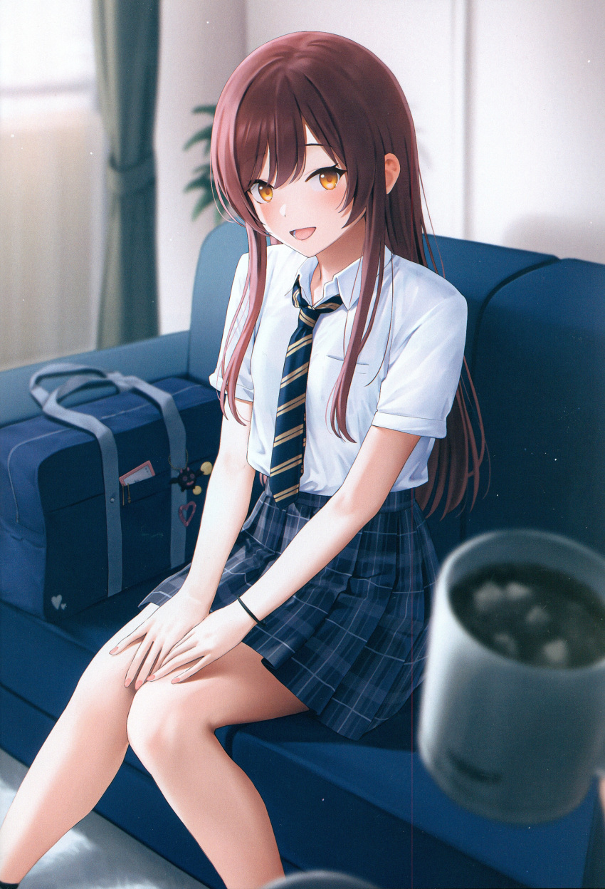 1girl 1other absurdres bag bare_legs blue_necktie blush bracelet coffee_mug couch cup diagonal-striped_necktie diagonal_stripes feet_out_of_frame grey_skirt highres idolmaster idolmaster_shiny_colors indoors jewelry knees_together_feet_apart long_hair looking_at_viewer mikazuchi_zeus mug necktie non-web_source on_couch open_mouth osaki_amana plaid plaid_skirt pleated_skirt pov redhead scan school_bag school_uniform shirt short_sleeves sitting skirt smile solo_focus straight_hair striped striped_necktie swept_bangs very_long_hair white_shirt yellow_eyes