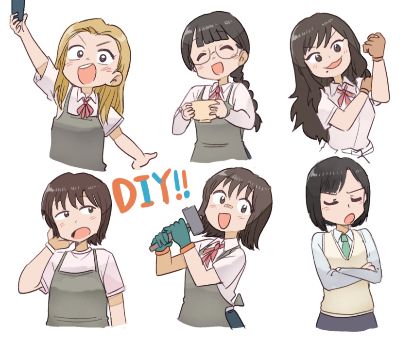 6+girls :3 :d apron arm_up bandaid bandaid_on_face bandaid_on_nose black_eyes black_hair blonde_hair blue_skirt blunt_ends bob_cut bowl braid braided_ponytail brown_gloves closed_eyes clothes_around_waist copyright_name cropped_torso cup do_it_yourself!! do_it_yourself!!_(drama) dress_shirt facing_viewer flexing frown glasses gloves green_necktie hammer hand_in_own_hair hand_on_own_shoulder hikage_takumi holding holding_bowl holding_cup holding_tool juliet_queen_elizabeth_viii kouki_kokoro long_hair looking_at_viewer messy_hair mole mole_under_mouth multiple_girls neck_ribbon necktie open_mouth red_ribbon ribbon rimless_eyewear round_eyewear school_uniform shirt short_sleeves single_braid skirt smile standing suride_miku sweater_vest swept_bangs t-shirt tsubobot v-neck white_background white_shirt white_sweater_vest wing_collar yasaku_rei yua_serufu