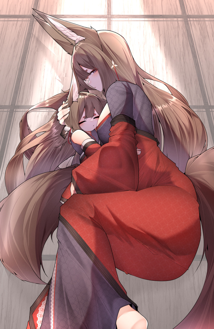 2girls absurdres amagi-chan_(azur_lane) amagi_(azur_lane) animal_ears azur_lane bare_shoulders blush breasts brown_hair closed_eyes cuddling expressionless eyeshadow flower fox_ears fox_girl fox_tail full_body hair_between_eyes hair_flower hair_ornament hairpin half-closed_eyes hand_on_another's_head head_on_chest highres hug japanese_clothes kimono kitsune knees_up large_breasts long_hair looking_at_viewer lying makeup multiple_girls multiple_tails on_floor on_side parted_lips print_kimono red_eyeshadow red_kimono samip sleeping slit_pupils tail tatami very_long_hair violet_eyes white_flower