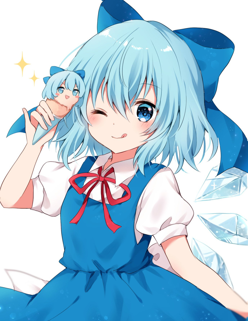 1girl blue_bow blue_dress blue_eyes blue_hair blush bow cirno cirno_day closed_mouth collared_shirt detached_wings dress fairy food hair_between_eyes hair_bow highres holding holding_food ice ice_cream ice_wings kokoshira_0510 one_eye_closed pinafore_dress puffy_short_sleeves puffy_sleeves shirt short_hair short_sleeves simple_background sleeveless sleeveless_dress smile solo sparkle tongue tongue_out touhou upper_body white_background white_shirt wings