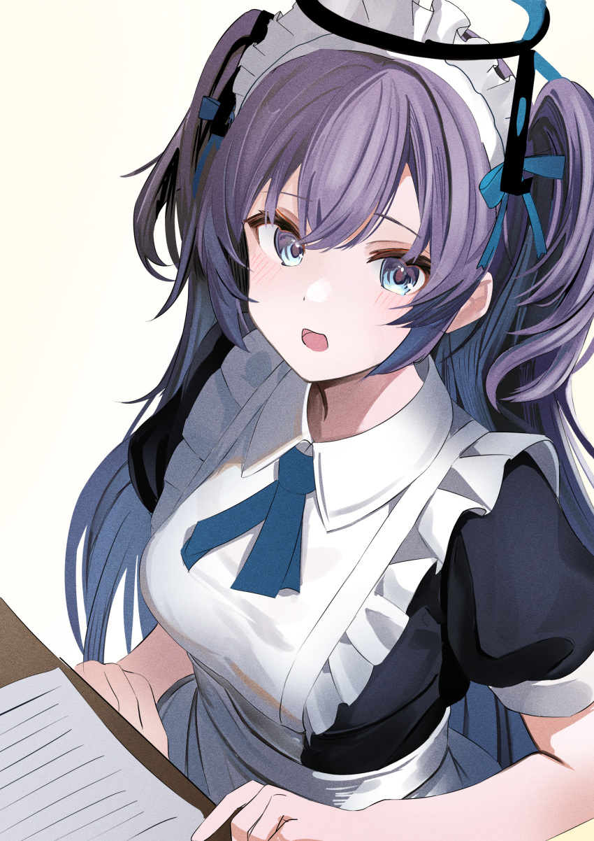 1girl alternate_costume apron black_dress blue_archive blue_eyes blush breasts dress enmaided frilled_apron frills halo highres long_hair looking_at_viewer maid maid_headdress medium_breasts puffy_short_sleeves puffy_sleeves purple_hair short_sleeves simple_background solo touyou_(39kir) two_side_up very_long_hair white_apron white_background yuuka_(blue_archive)