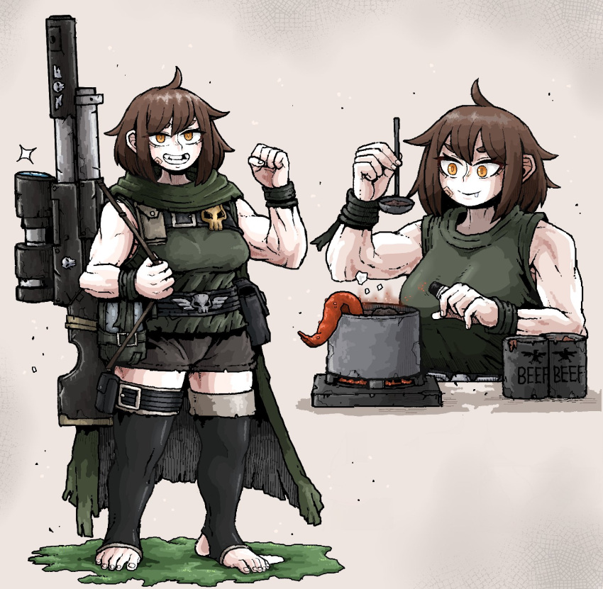 ammunition_pouch antenna_hair astra_militarum bandage_on_face bandages barefoot black_thighhighs can canned_food cloak cooking cooking_pot ekfh4rnrqkq field_ration gun highres ladle lasgun orange_eyes pouch rifle saliva short_hair skull sniper_rifle tank_top thigh-highs toned tooth_gap warhammer_40k weapon
