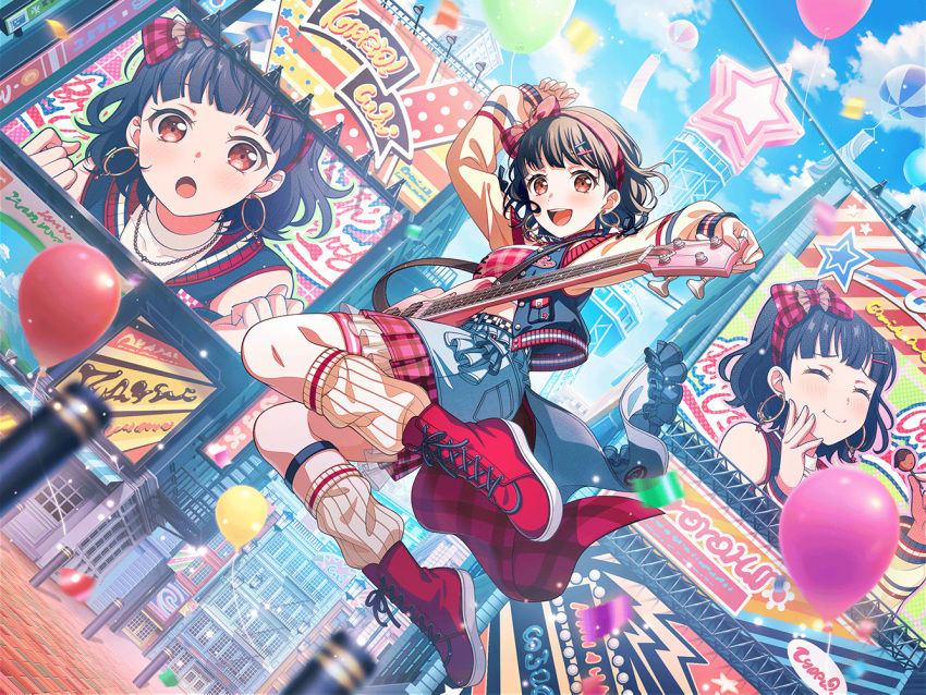 1girl :d arms_up balloon bang_dream! bass_guitar billboard black_hair boots bow building city clouds cloudy_sky crop_top denim denim_skirt dutch_angle earrings from_side hair_bow hair_ornament hairband hairclip hoop_earrings instrument jacket jewelry jumping letterman_jacket looking_at_viewer loose_socks multiple_views official_art outdoors plaid plaid_shirt plaid_skirt red_eyes screen shirt short_hair skirt sky smile socks star_(symbol) third-party_source ushigome_rimi